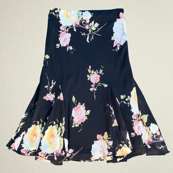 Black floral godet midi skirt romantic Y2K boho chic whimsigoth fairy castlecore - Picture 2 of 6
